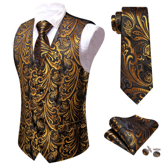 Barry. Wang Mens Formal Vest Black Gold Paisley Dress Vest Necktie Hanky Cufflinks Set