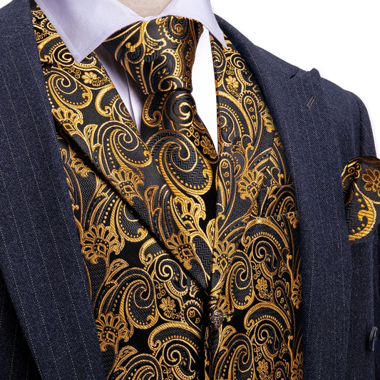 Barry. Wang Mens Paisley Suit Waistcoat Gold Dress Vest Tie Pocket Square Cufflinks Set