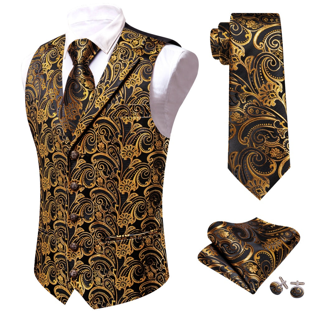Barry. Wang Men's Vest Golden Paisley Silk Notched Collar Vest Necktie Set