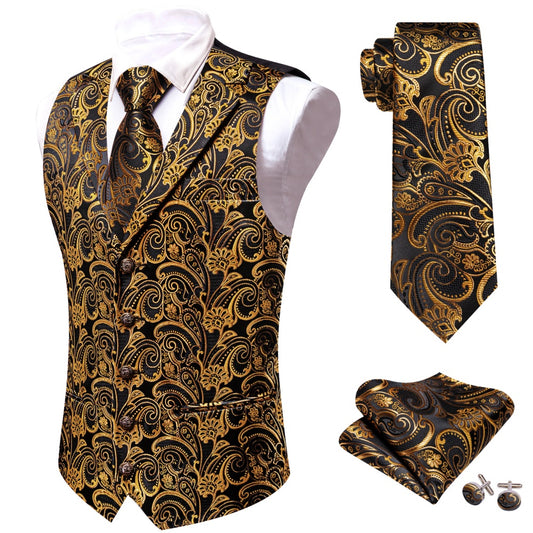 Barry. Wang Mens Paisley Suit Waistcoat Gold Dress Vest Tie Pocket Square Cufflinks Set