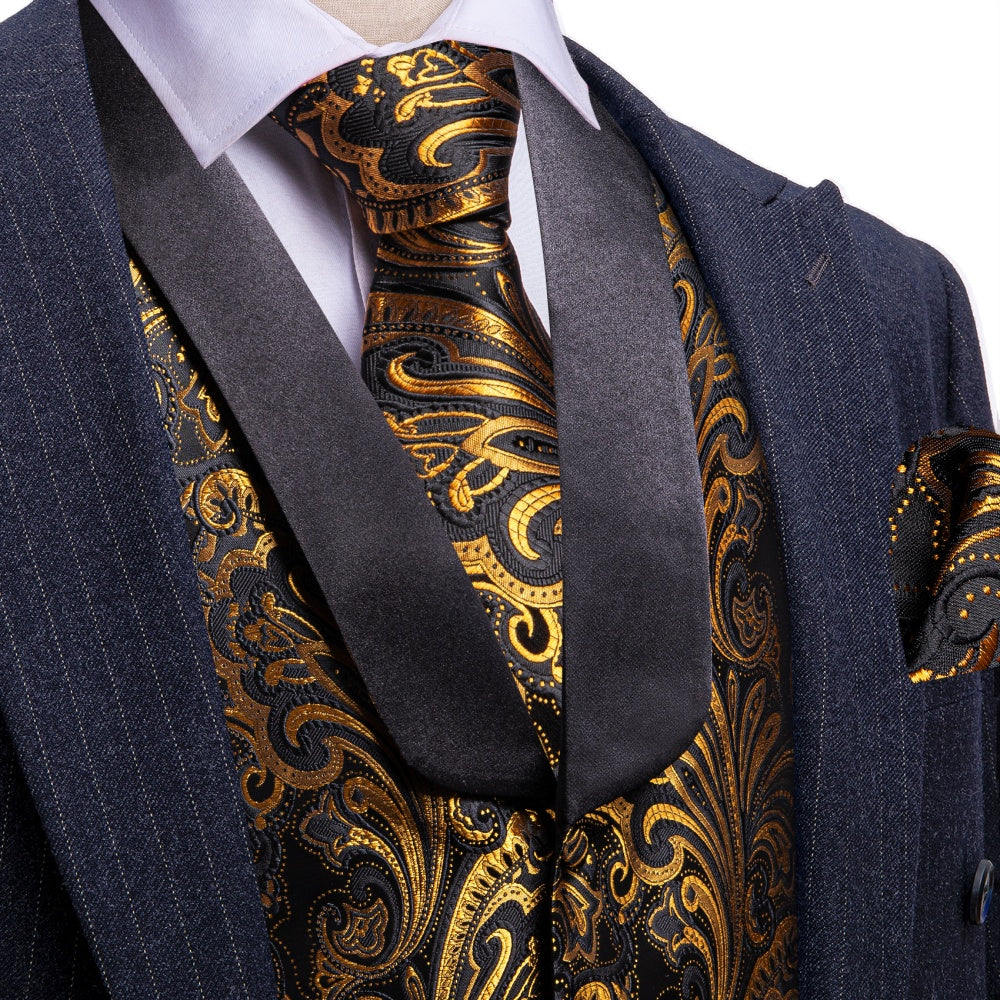 Men's Formal, Prom, Wedding, Tuxedo Vest, Bow-Tie & Hankie Set In Black Gold Paisley - Foto 6