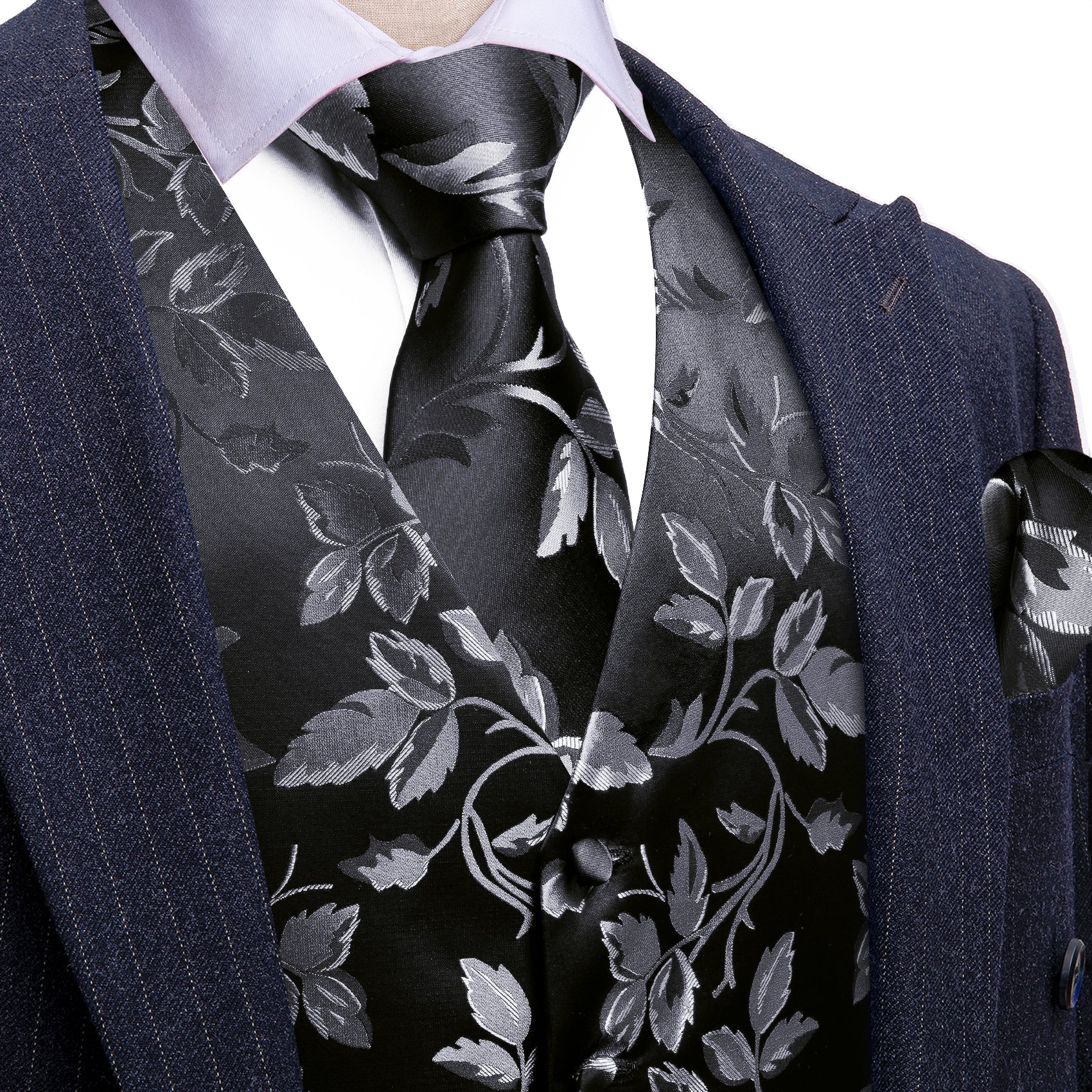 Barry Wang Men Black Silver Floral Silk V-Neck Dress Vest Necktie Set