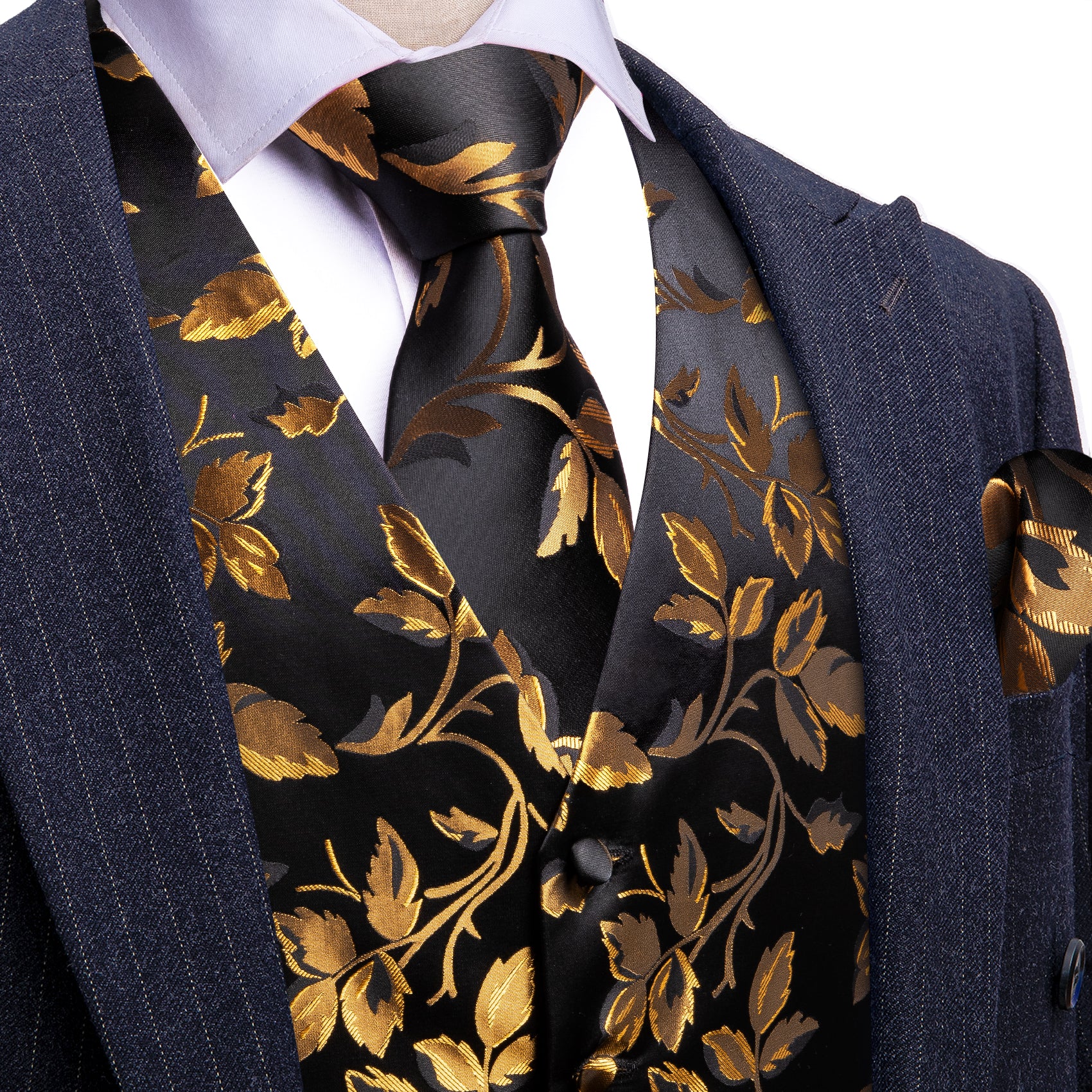 Barry Wang Men Black Golden Floral V-Neck Silk Dress Vest Necktie Set –  Barry. Wang