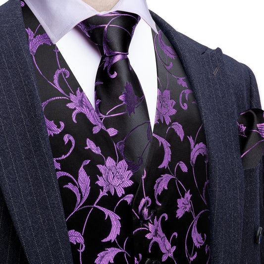 Barry. Wang Men's Purple Black Floral Silk Vest Necktie Pocket Square Cufflinks Set