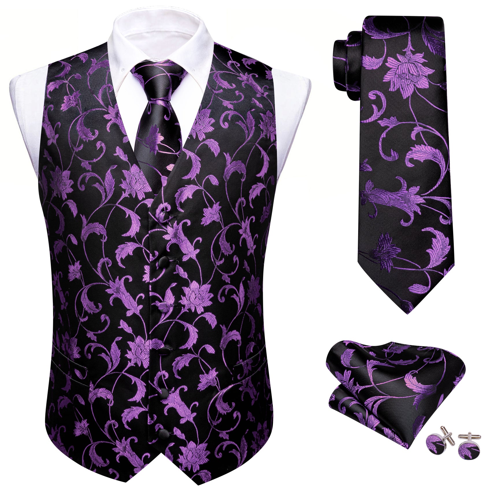 Barry. Wang Men's Purple Black Floral Silk Vest Necktie Pocket Square Cufflinks Set