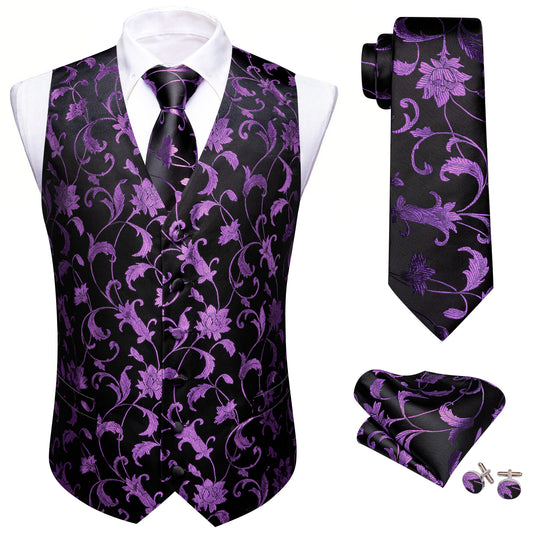 Barry. Wang Men's Purple Black Floral Silk Vest Necktie Pocket Square Cufflinks Set
