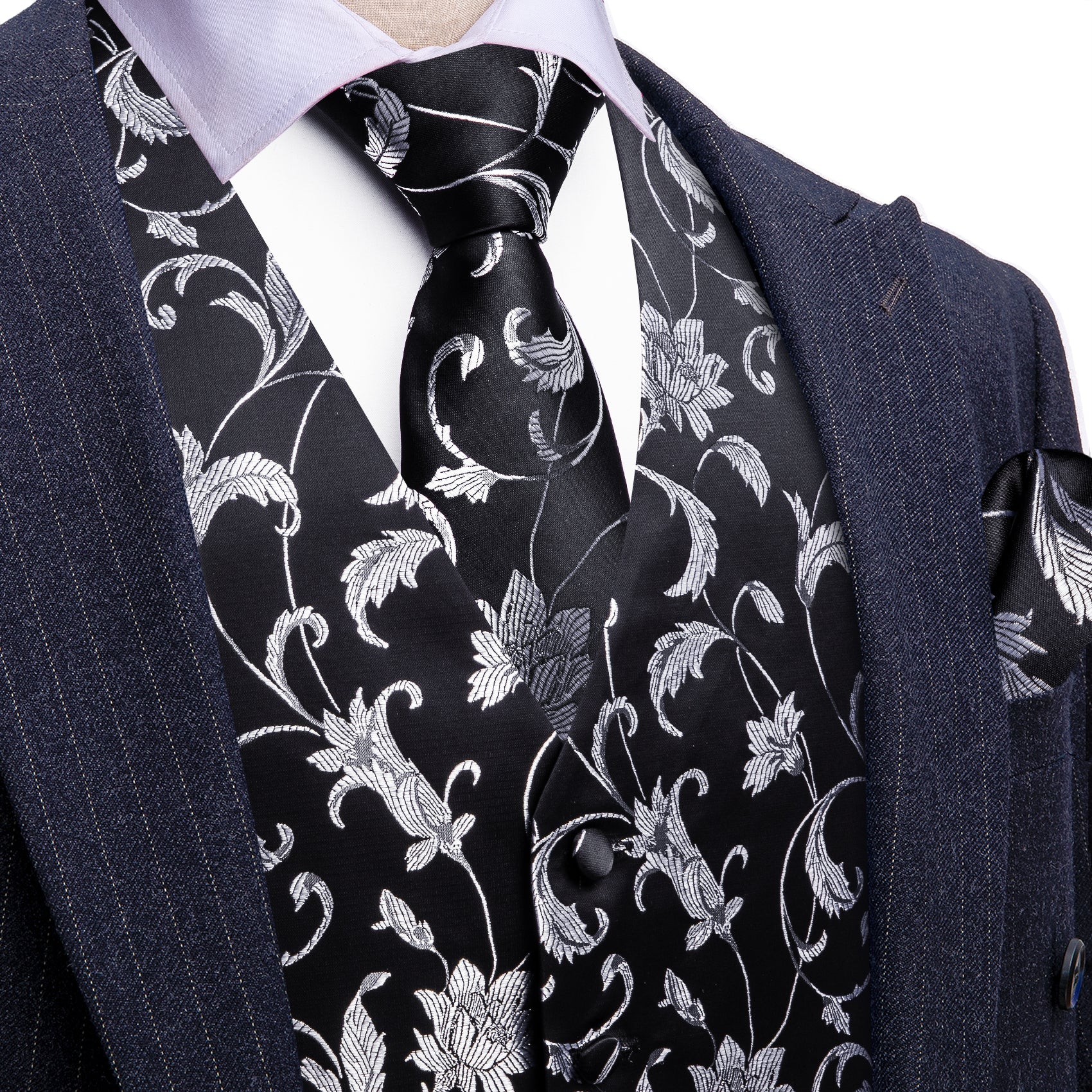 Barry. Wang Men's Grey Floral Black Silk Vest Necktie Pocket Square Cufflinks Set