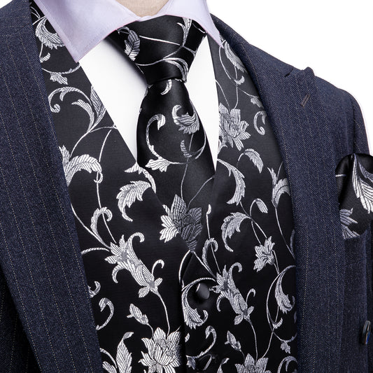 Barry. Wang Men's Grey Floral Black Silk Vest Necktie Pocket Square Cufflinks Set