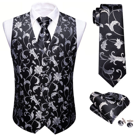 Barry. Wang Men's Grey Floral Black Silk Vest Necktie Pocket Square Cufflinks Set