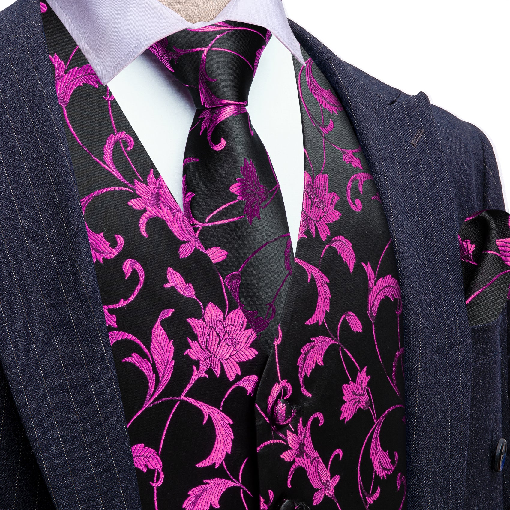 Barry. Wang Men's Hot Magenta Floral Black Silk Vest Necktie Pocket Square Cufflinks Set