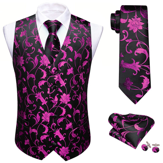 Barry. Wang Men's Hot Magenta Floral Black Silk Vest Necktie Pocket Square Cufflinks Set