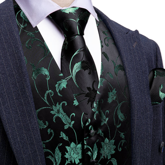 Barry. Wang Black Silk Dress Vest Hunter Green Floral Suit Vest Tie Hanky Cufflinks Set