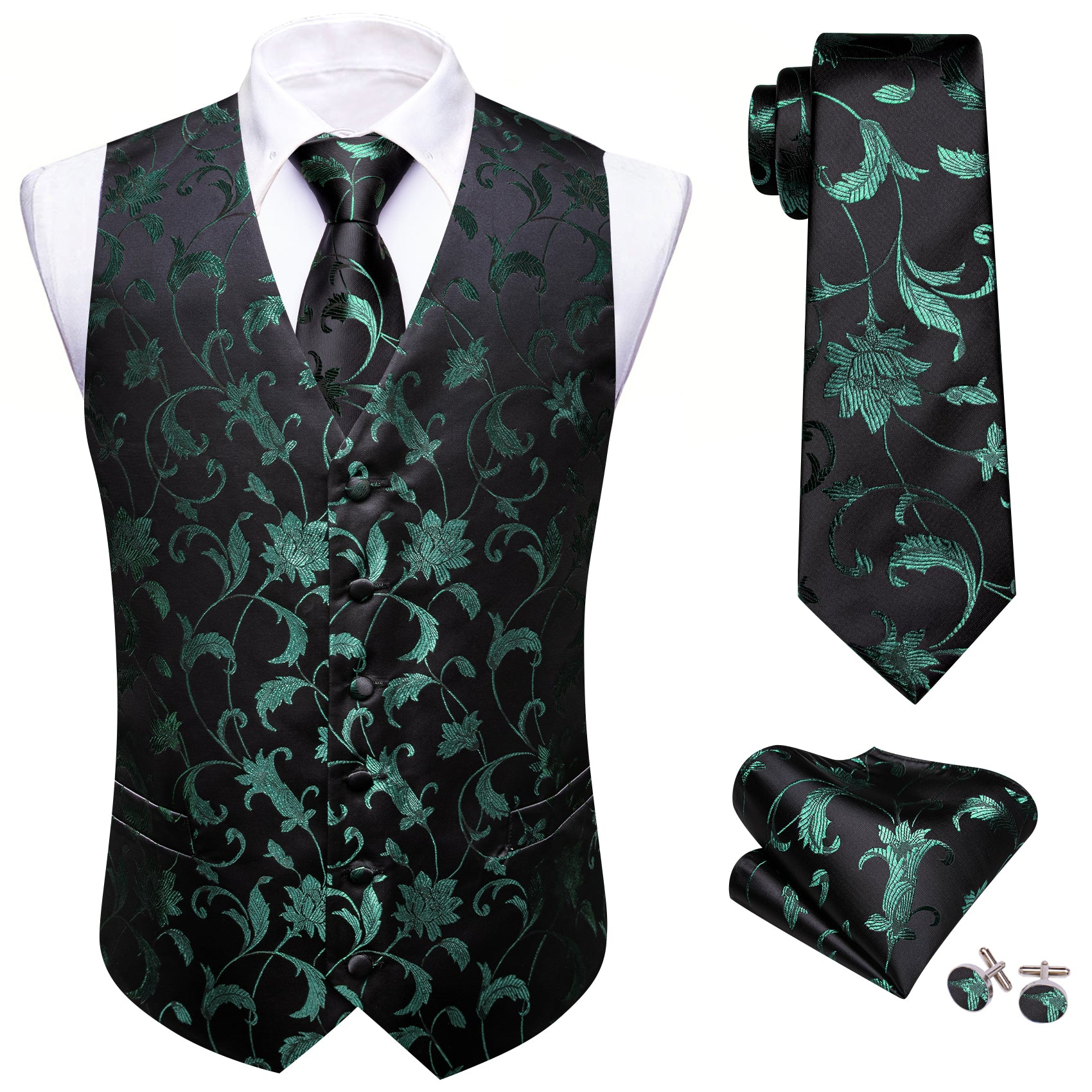 Barry. Wang Men's Teal Green Floral Black Silk Vest Necktie Pocket Square Cufflinks Set