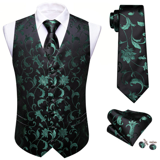 Barry. Wang Black Silk Dress Vest Hunter Green Floral Suit Vest Tie Hanky Cufflinks Set