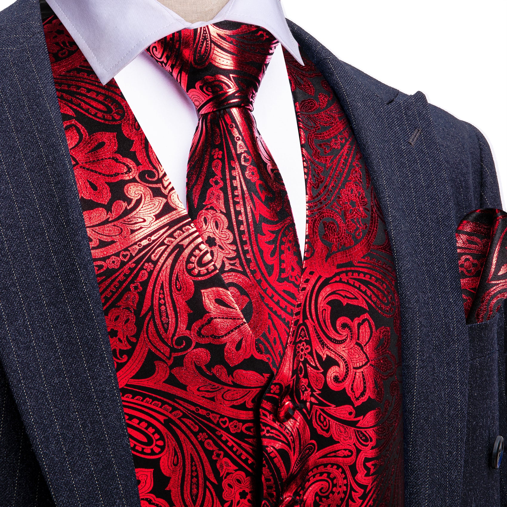 Barry. Wang Men's Red Paisley Silk Vest Necktie Pocket Square Cufflinks Set