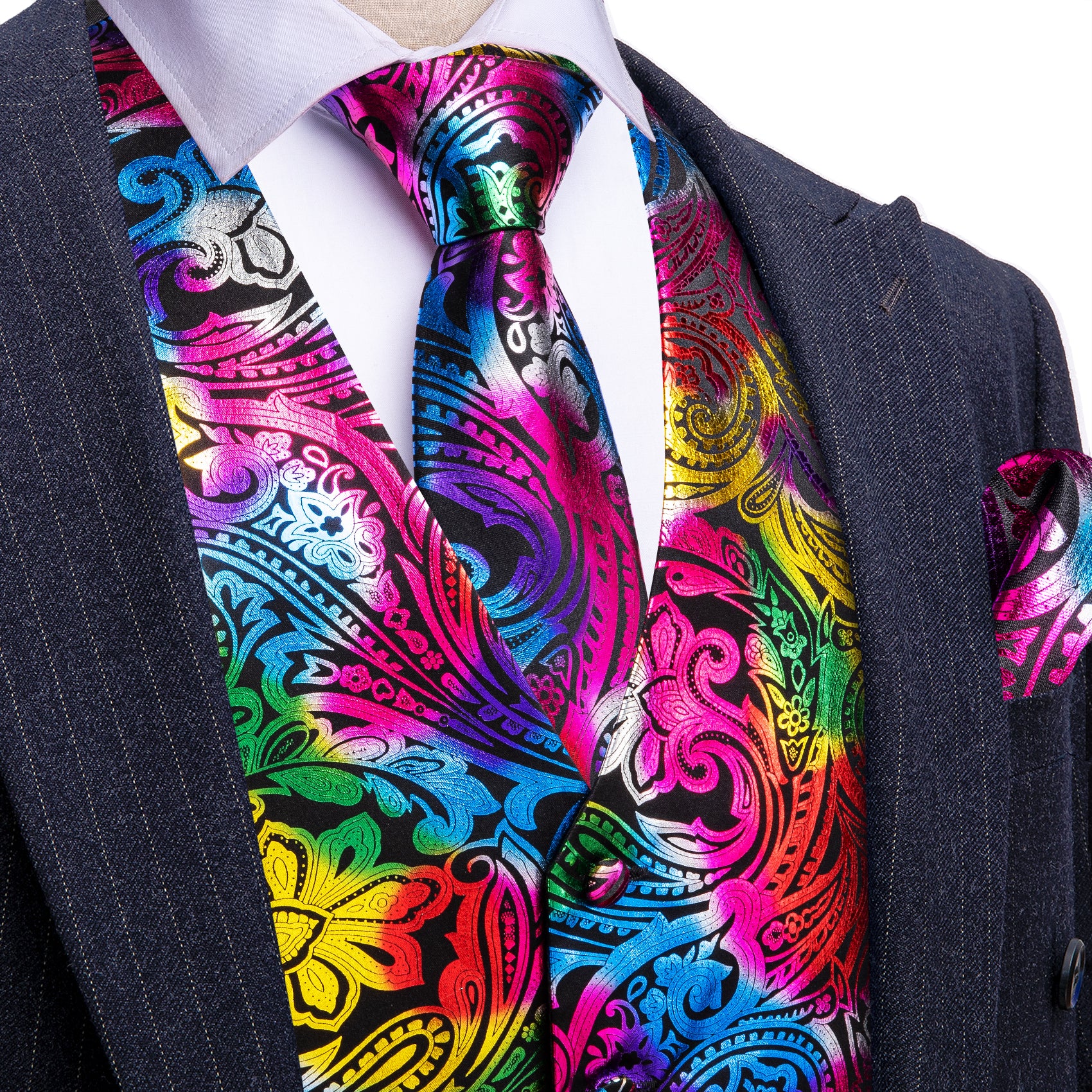 Barry. Wang Men's Red Yellow Colorful Paisley Silk Vest Necktie Pocket Square Cufflinks Set