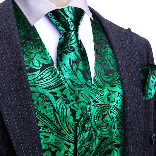 Barry. Wang Men's Emerald Green Paisley Silk Vest Necktie Pocket Square Cufflinks Set