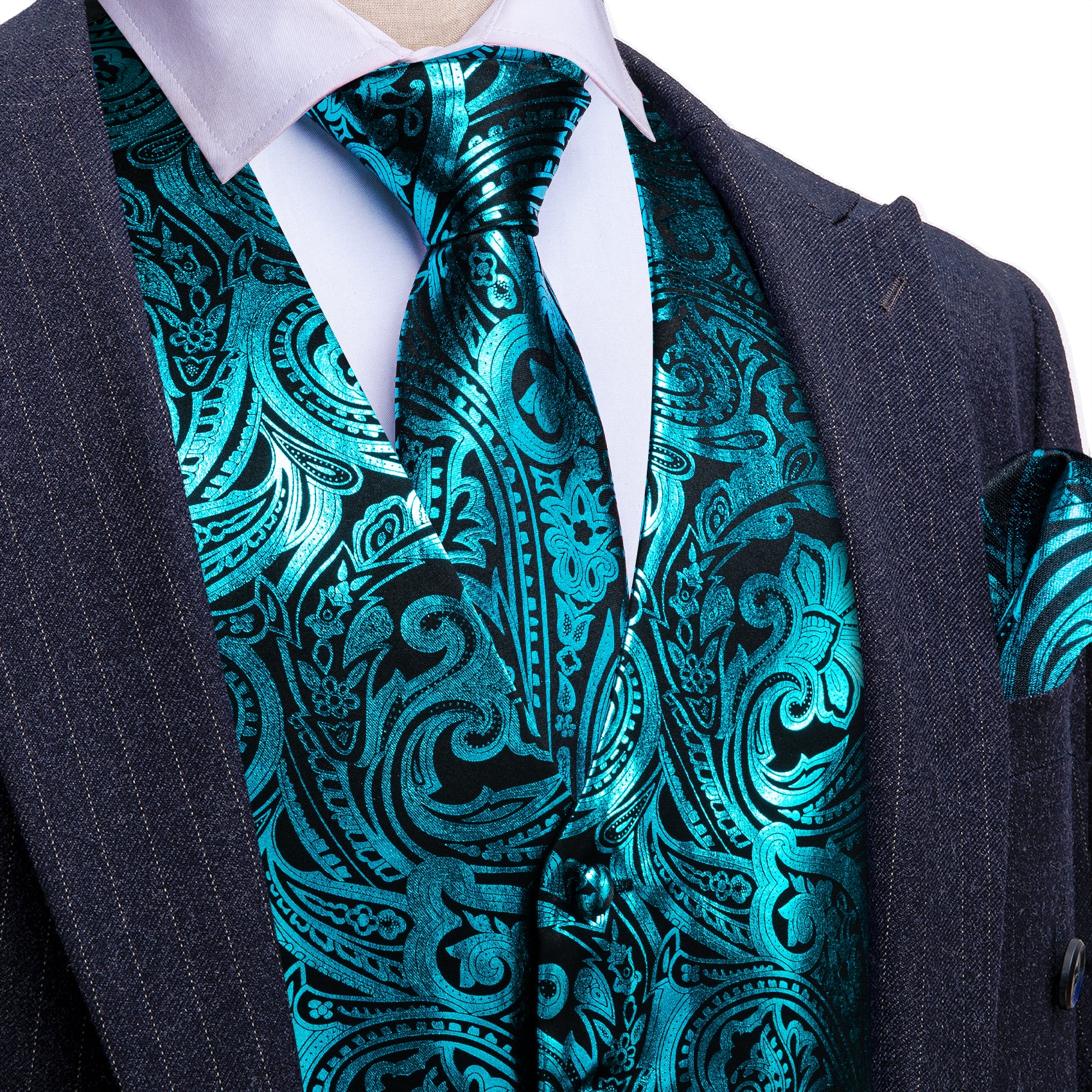 Wang Men's Turquoise Paisley Silk Vest Necktie Pocket Square Cu