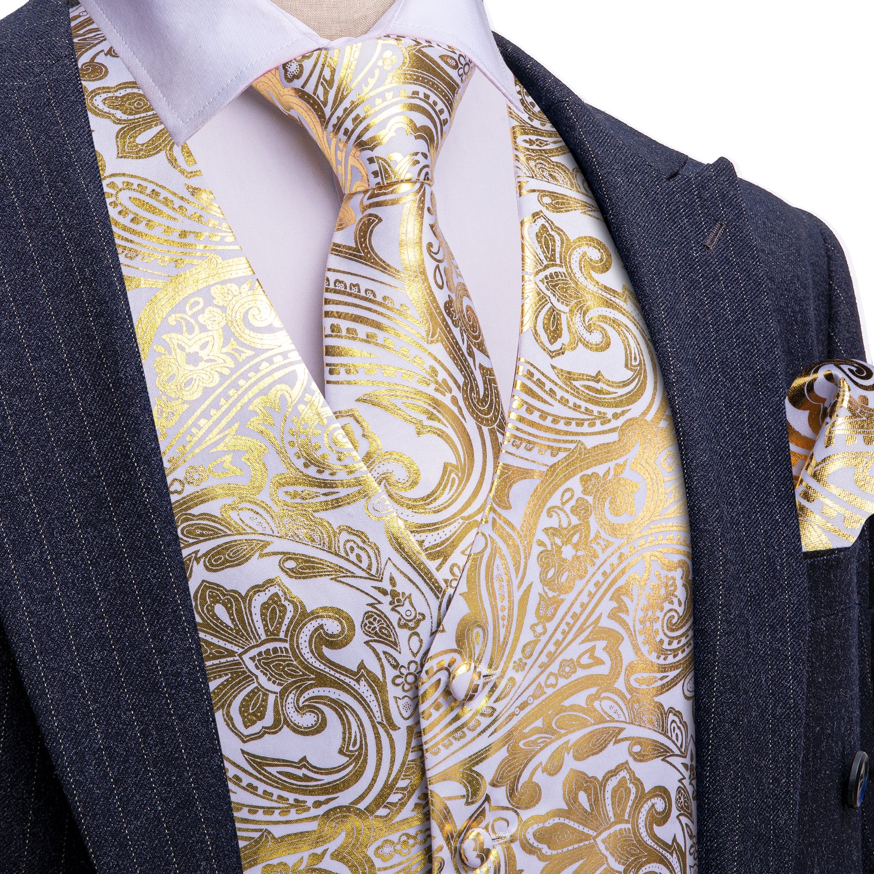 Barry. Wang Mens Gold Suit Vests Paisley Jacquard Formal Waistcoat Tie Hanky Clfflinks Set