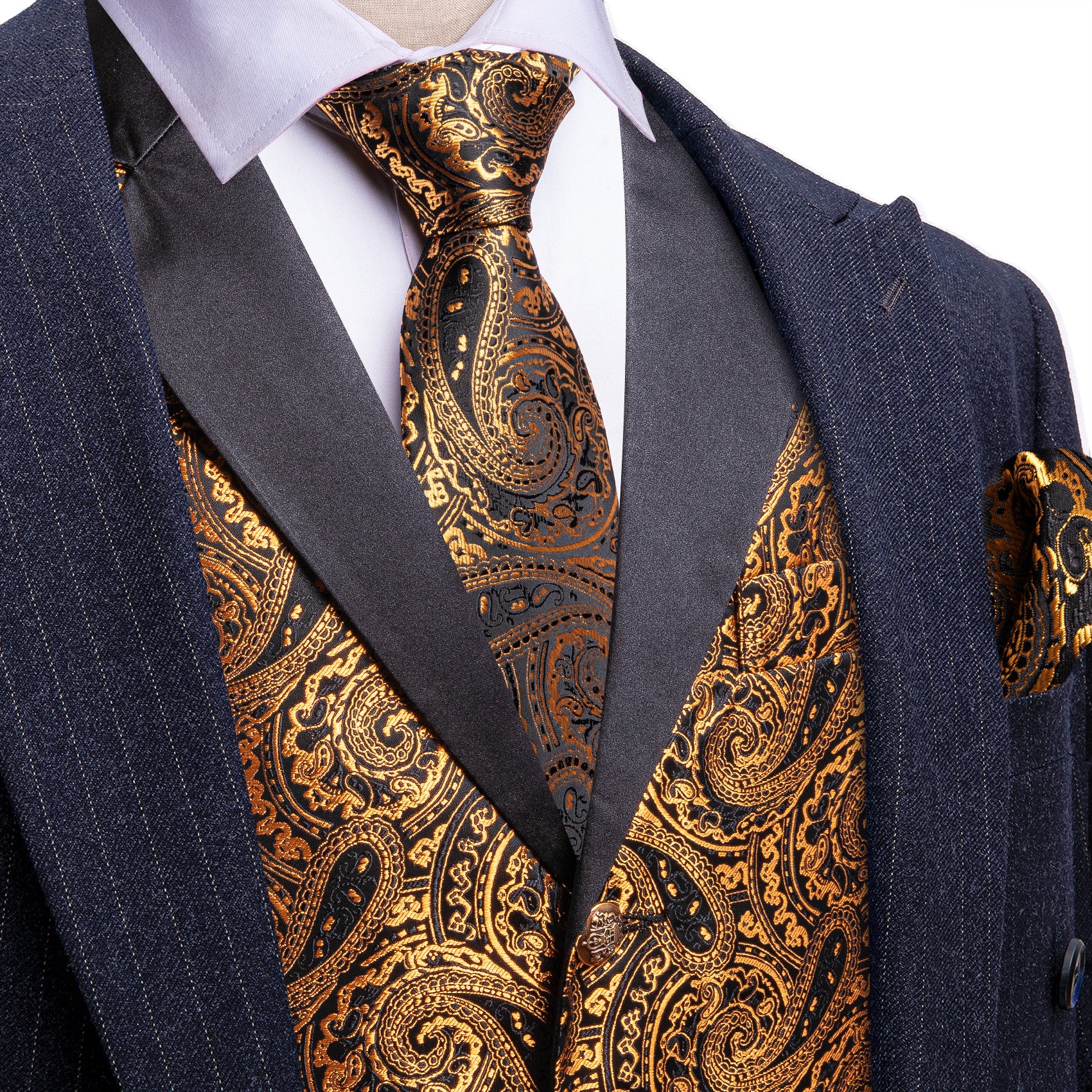 Barry. Wang Gold Paisley Dress Vest Notch-Lapel Collar Vest Necktie Pocket Square Cufflinks Set