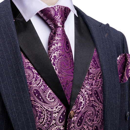 Barry. Wang Mens Paisley Suit Collar Vest Twilight Lavender Waistcoat Necktie Hanky Cufflinks Set