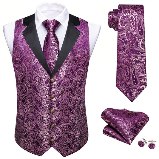 Barry. Wang Mens Paisley Suit Collar Vest Twilight Lavender Waistcoat Necktie Hanky Cufflinks Set