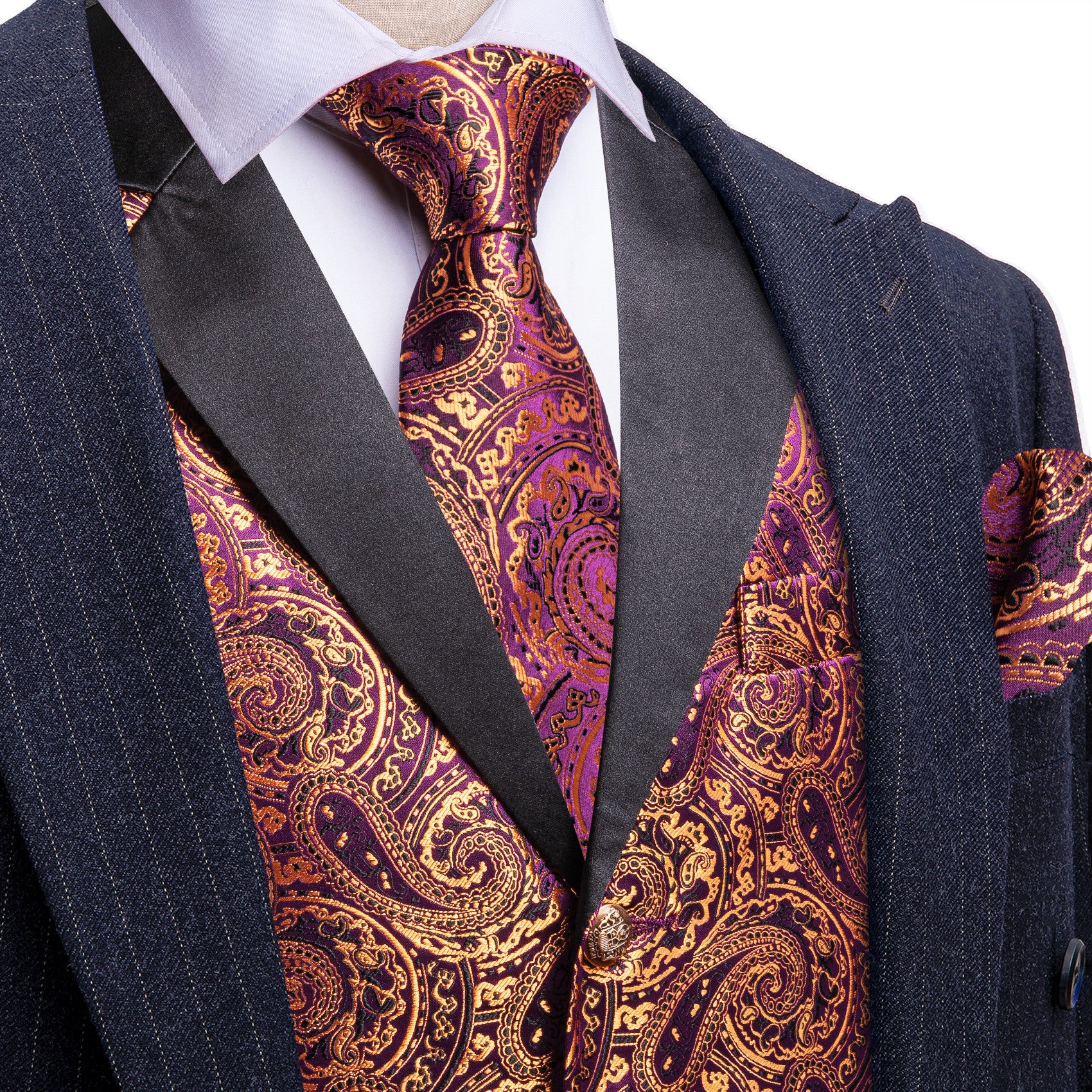 Barry. Wang Mens Gold Dress Vest Twilight Lavender Paisley Suit Vest Necktie Pocket Square Cufflinks Set