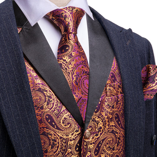 Barry. Wang Mens Gold Dress Vest Twilight Lavender Paisley Suit Vest Necktie Pocket Square Cufflinks Set
