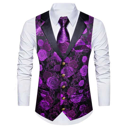 Barry. Wang Mens Collar Vest Purple Rose Floral Suit Waistcoat Tie Hanky Cufflinks Set