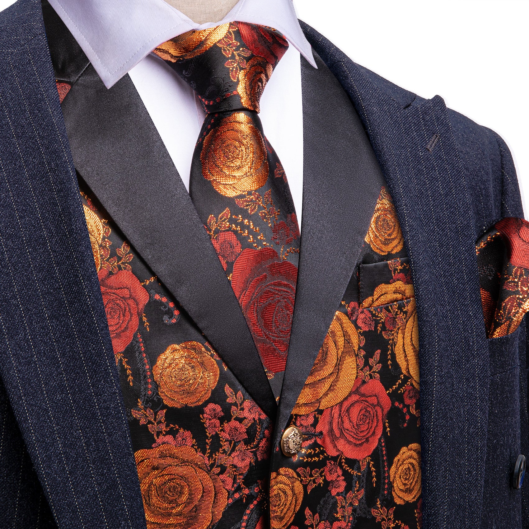 Barry. Wang Mens Collar Vest Red Orange Rose Floral Suit Waistcoat Tie Hanky Cufflinks Set