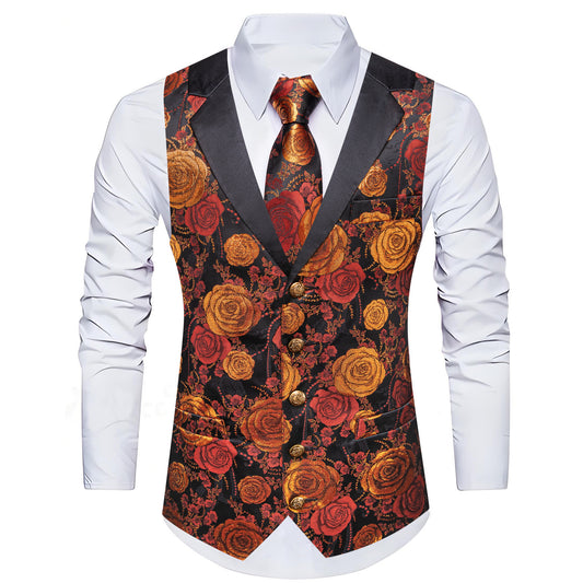 Barry. Wang Mens Collar Vest Red Orange Rose Floral Suit Waistcoat Tie Hanky Cufflinks Set