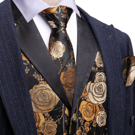 Barry. Wang Beige Golden Brown Floral Suit Vest V-neck Wedding Dress Waistcoat Tie Pocket Square Set