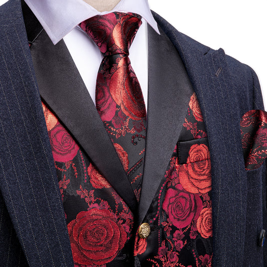 Barry. Wang Black Red Floral Suit Vest V-neck Wedding Dress Waistcoat Tie Pocket Square Set