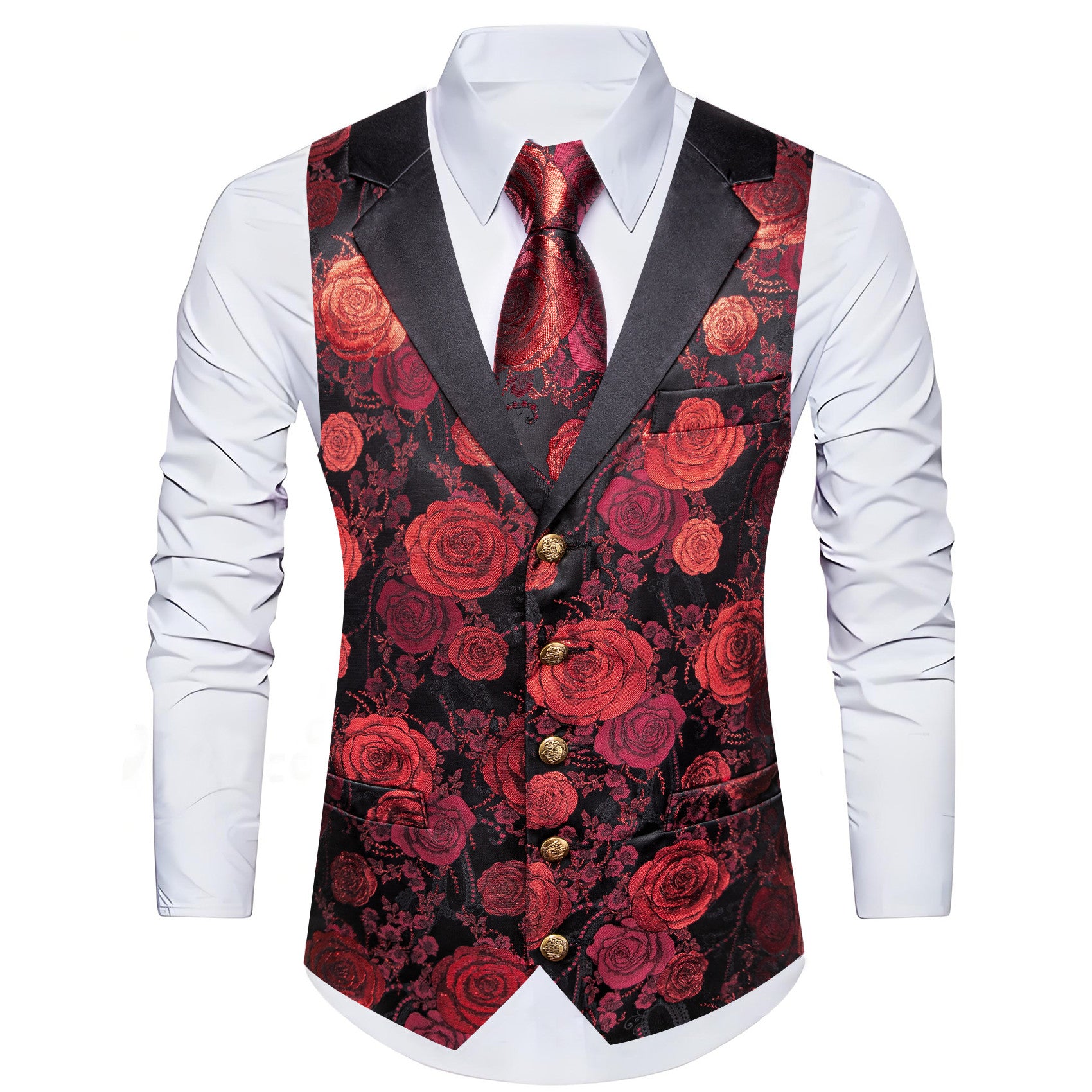 Barry. Wang Black Red Floral Suit Vest V-neck Wedding Dress Waistcoat Tie Pocket Square Set