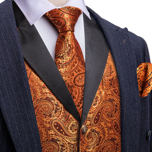 Barry. Wang Mens Marigold Vest Suit 4PCS Paisley Tuxedo Vest Necktie Hanky Cufflinks Set