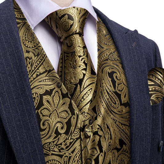Dark Tan Color Floral Jacquard Mens V-Neck Vest Necktie Set