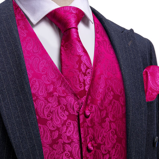 Barry. Wang Mens Silk Hot Pink Vest Paisley Wedding Vest Tie Hanky Cufflinks Set