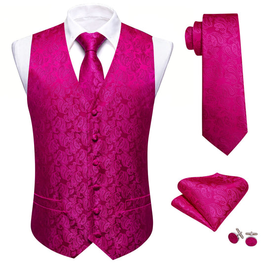 Barry. Wang Mens Silk Hot Pink Vest Paisley Wedding Vest Tie Hanky Cufflinks Set