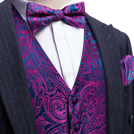 Barry. Wang Mens Purple Paisley Vest Royal Blue Suit 4PCS Vest Bowtie Hanky Cufflinks Set