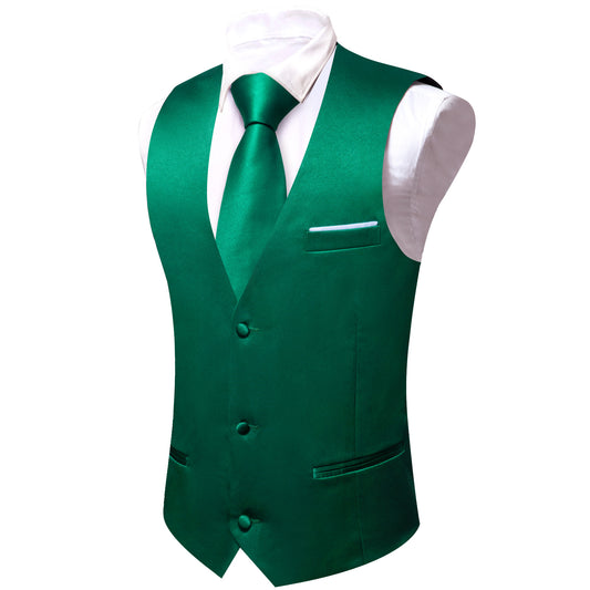 Barry. Wang Suit Vest Green Solid V-neck Formal Vest Tie Pocket Square Cufflinks Set