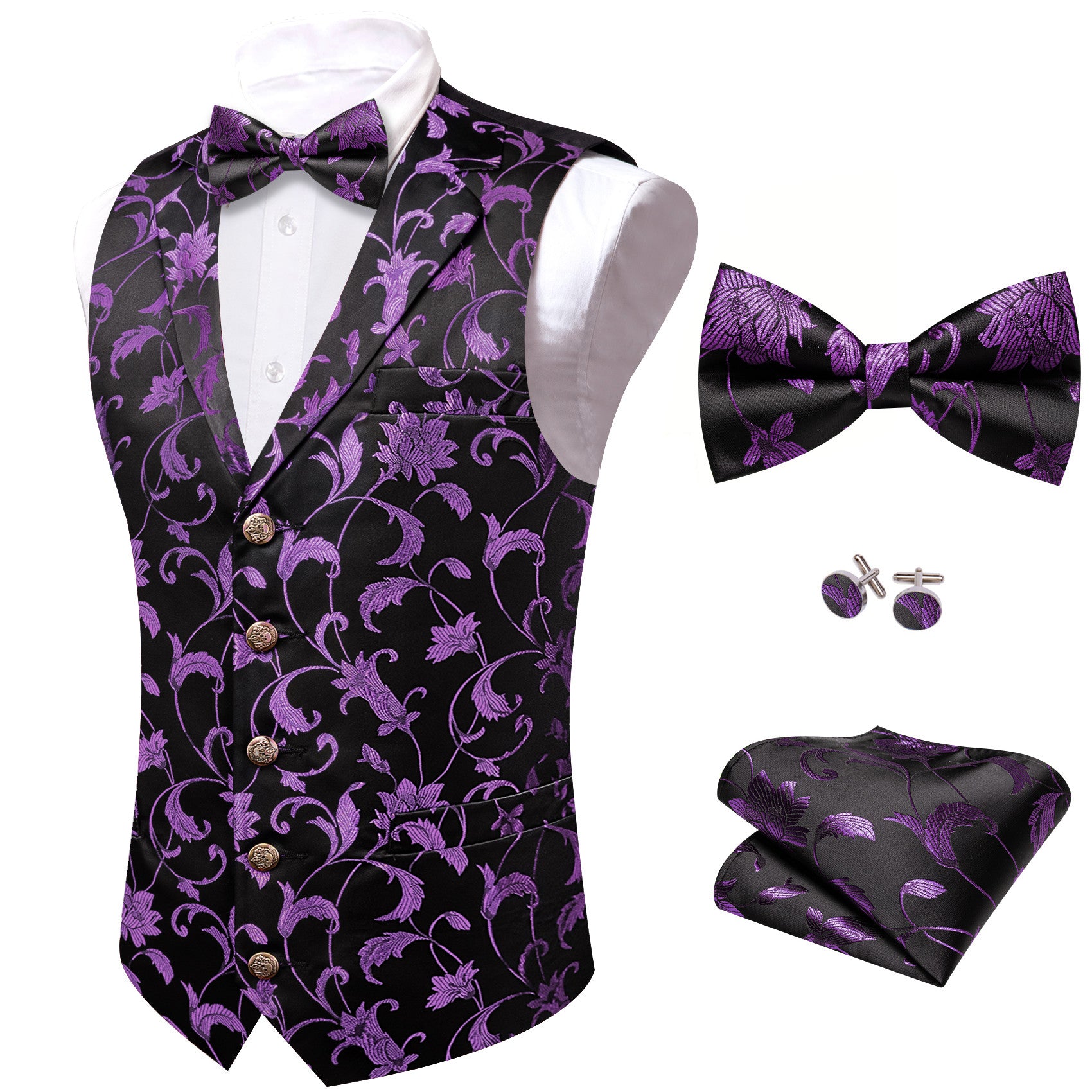 Barry. Wang Purple Floral Mens Vest Black Dress Waistcoat Bowtie Pocket Square Cufflinks Set