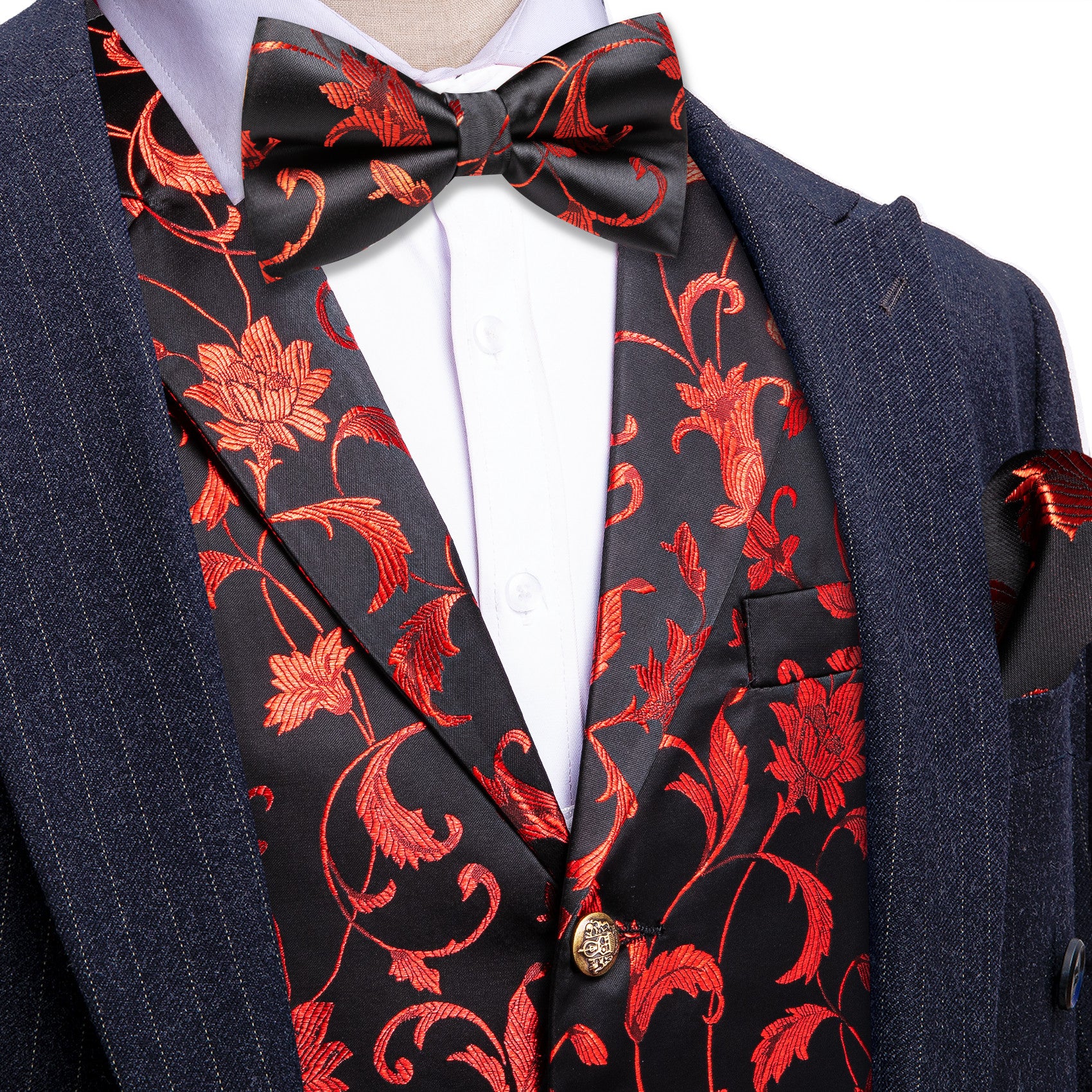 Barry. Wang Red Floral Mens Vest Black Dress Waistcoat Bowtie Pocket Square Cufflinks Set