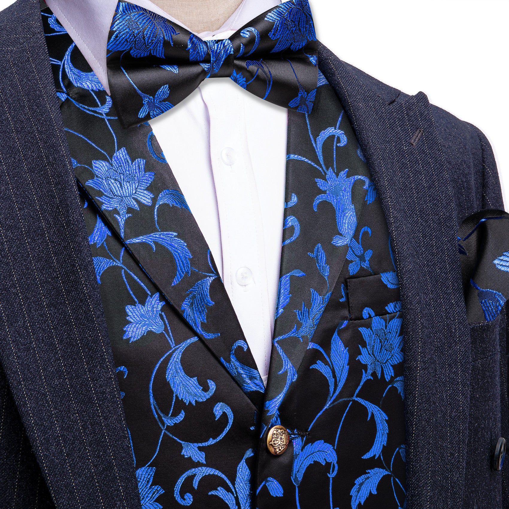 Barry. Wang Mens Blue Floral Vest Suit 4PCS Silk Vest Bowtie Hanky Cufflinks Set