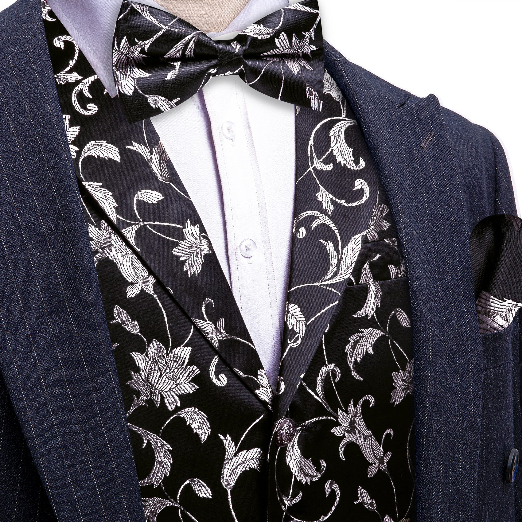 Barry. Wang Mens Silver Floral Vest Silk Vest Bowtie Hanky Cufflinks Set