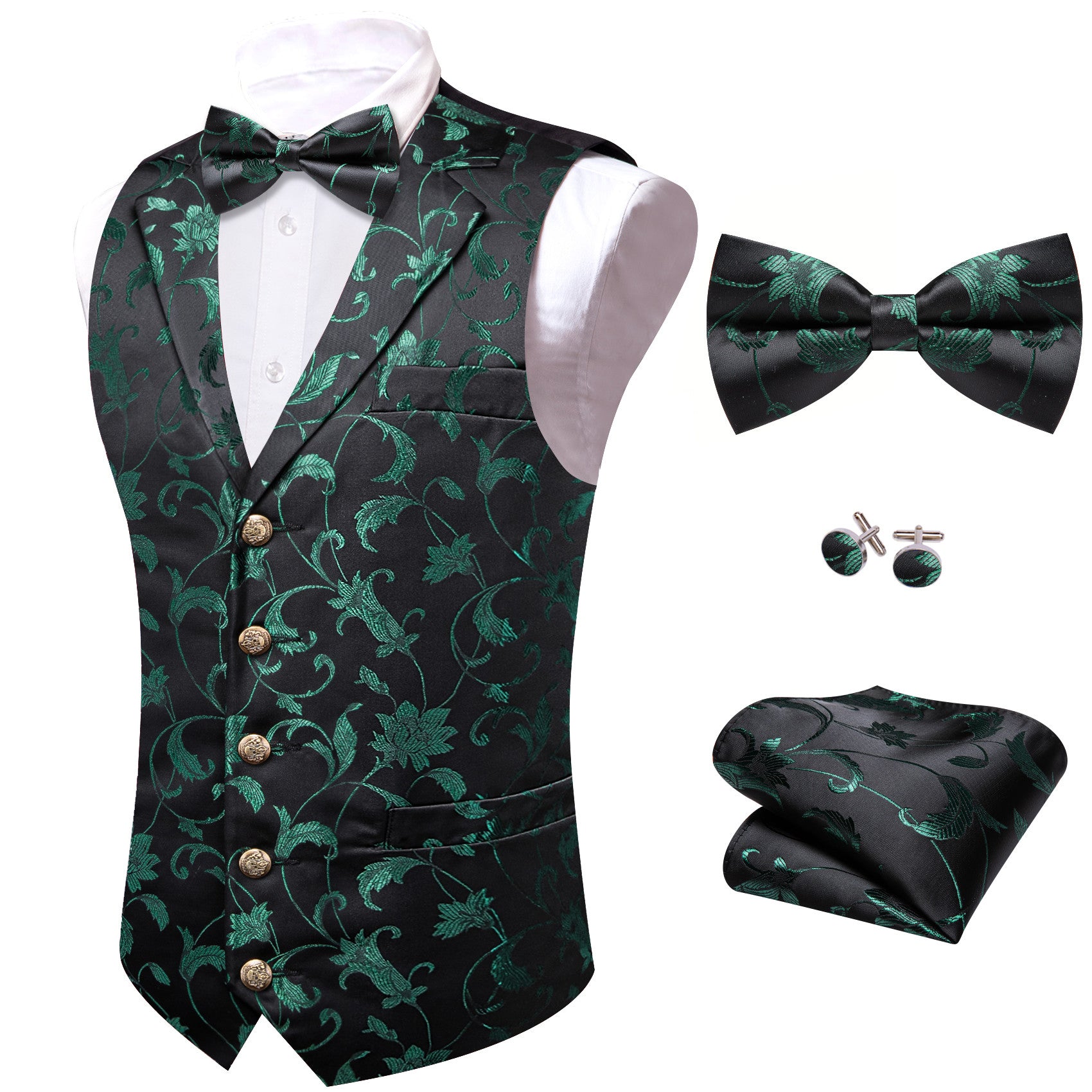 Barry. Wang Mens Huter Green Collar Vest Bowtie Hanky Cufflinks Set