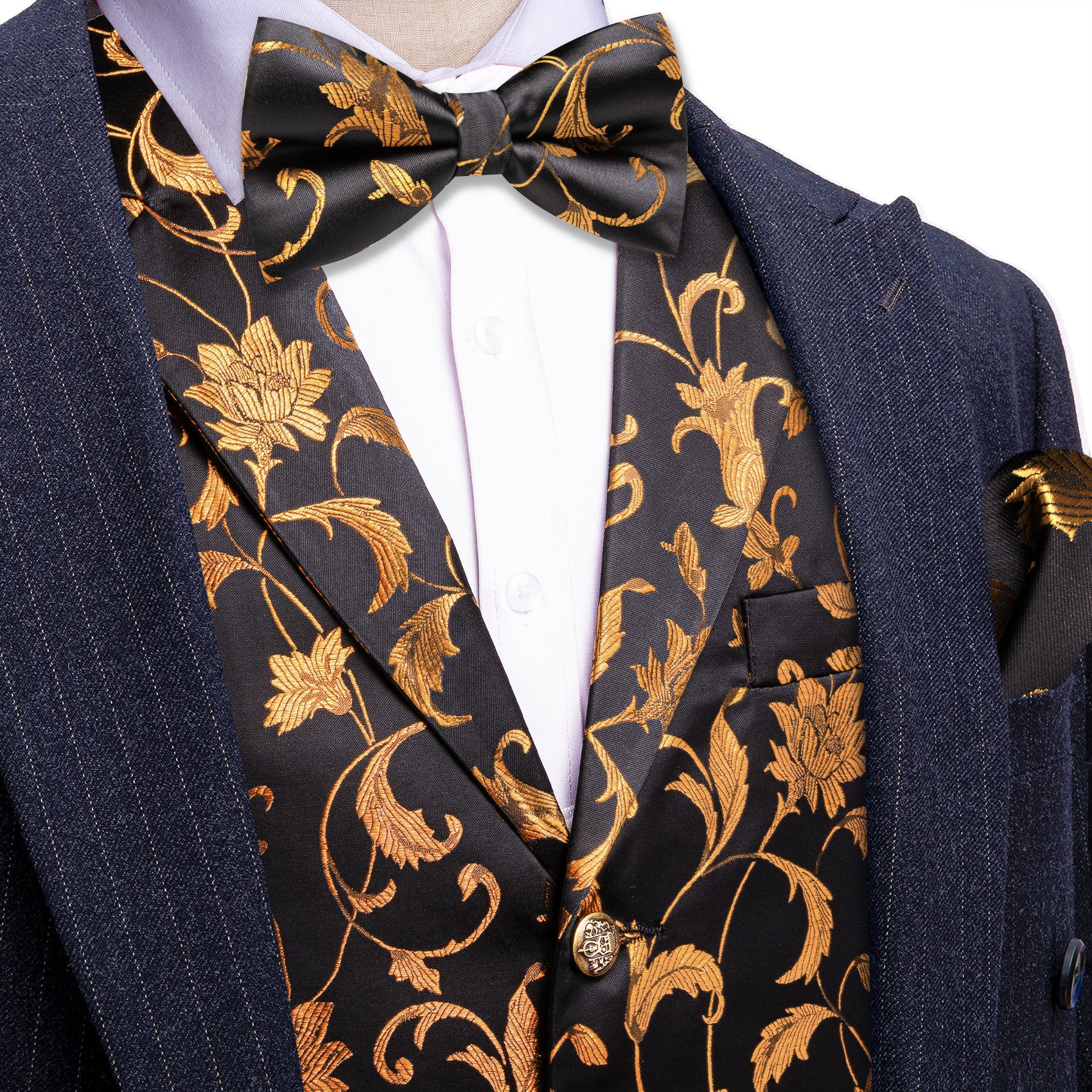 Barry. Wang Mens Collar Vest Gold Floral Suit Waistcoat Bowtie Hanky Cufflinks Set