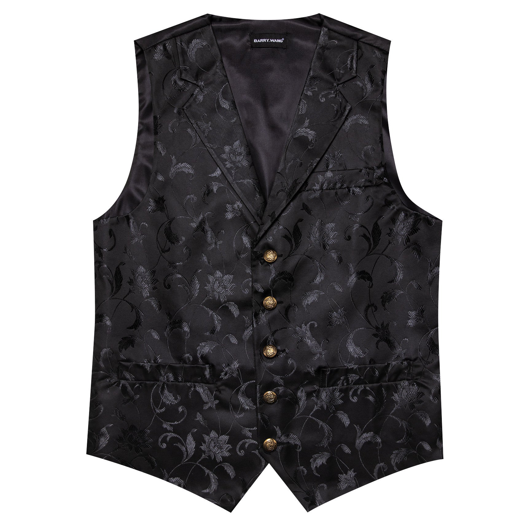 Barry. Wang Black Collar Vest Floral Formal Suit Waistcoat Bowtie Hanky Cufflinks Set