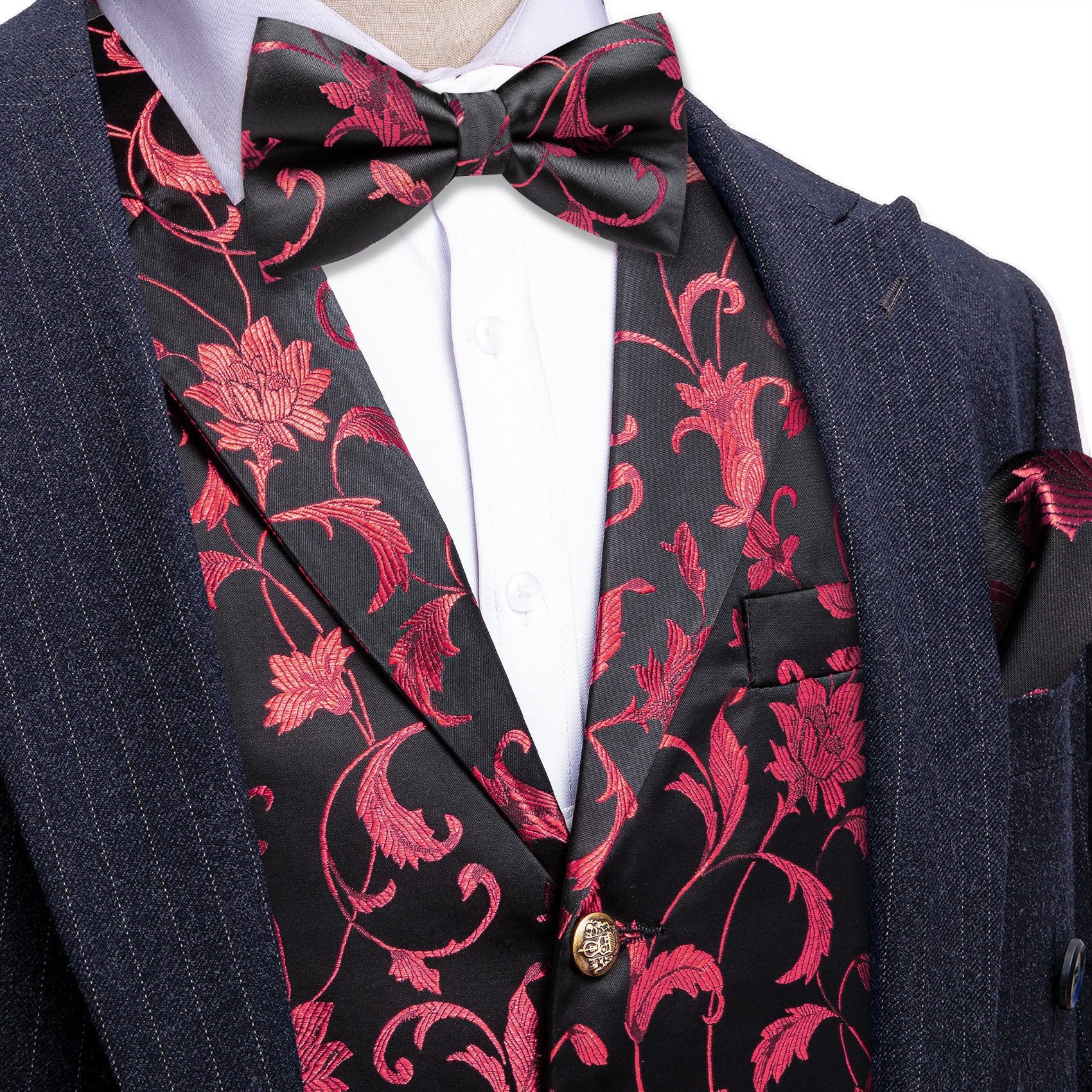Barry. Wang Mens Collar Vest Coral Floral Formal Suit Waistcoat Bowtie Hanky Cufflinks Set