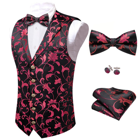 Barry. Wang Mens Collar Vest Coral Floral Formal Suit Waistcoat Bowtie Hanky Cufflinks Set