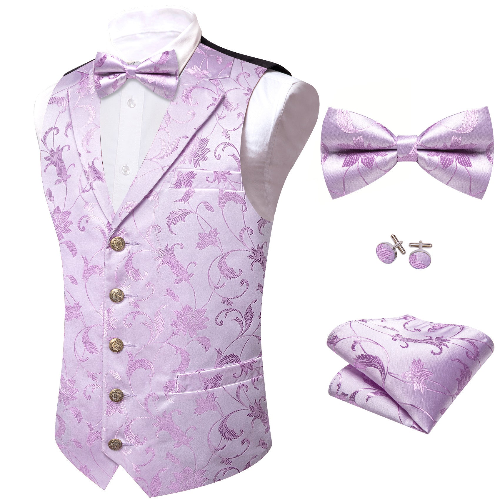 Barry. Wang Mens Lavender Floral Vest Silk Paisley Vest Bowtie Hanky Cufflinks Set